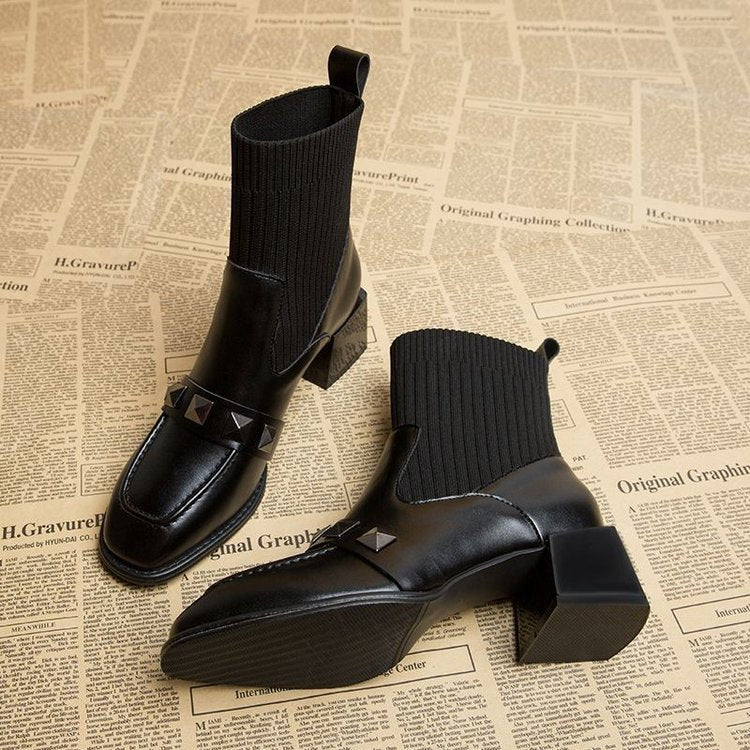 Women's Mid-Heel Square Toe Martin Boots