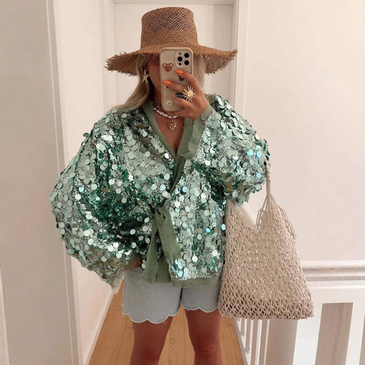 Sequins Long Sleeve V-Neck Blouse