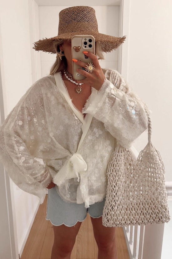 Sequins Long Sleeve V-Neck Blouse