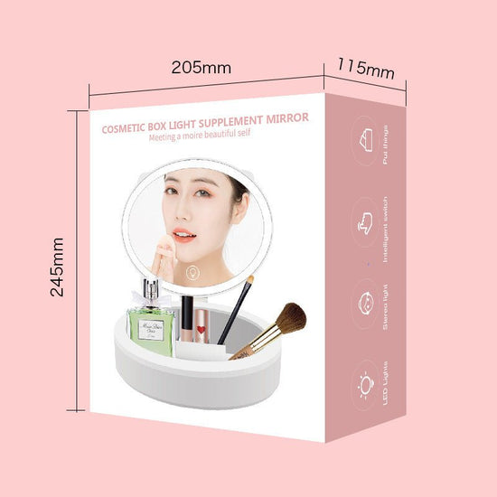 LED Desktop Makeup Mirror with LED Light, Storage Box, White